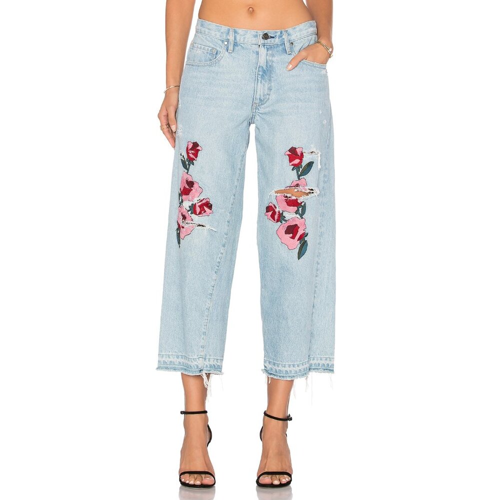 Floral Embroidered Light Blue Wide Leg Jeans
